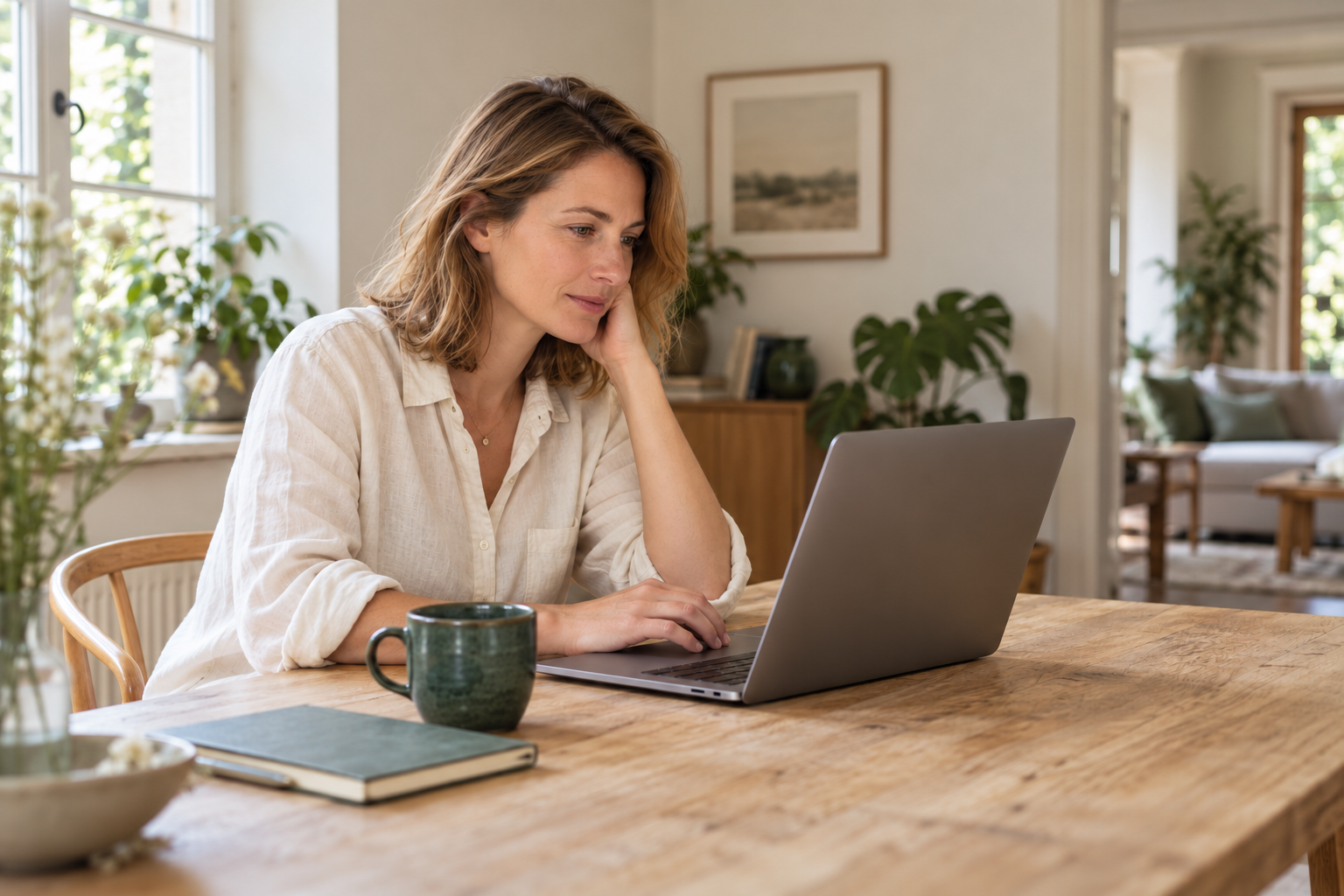 Eine Frau nimmt sich am Laptop Zeit für ihre berufliche Neuorientierung