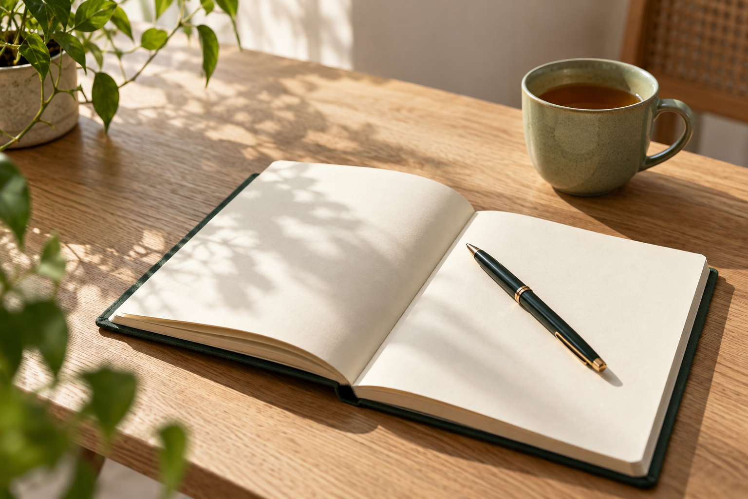 Ein offenes Notizbuch mit Stift und einer Tasse Tee auf einem hellen Schreibtisch